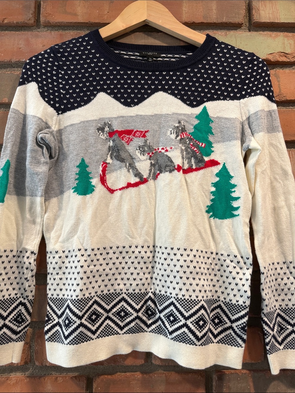 Talbots Navy, Cream & Gray Holiday Sledding Crewneck Sweater